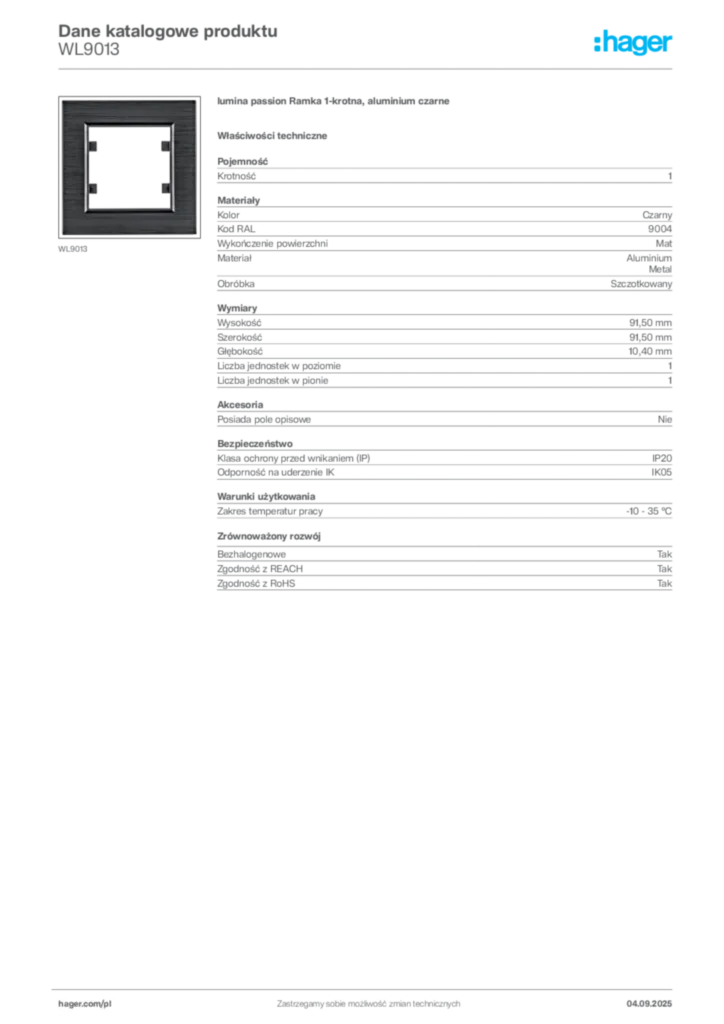 Zdjęcie Hager Dane katalogowe produktu WL9013 | Hager Polska