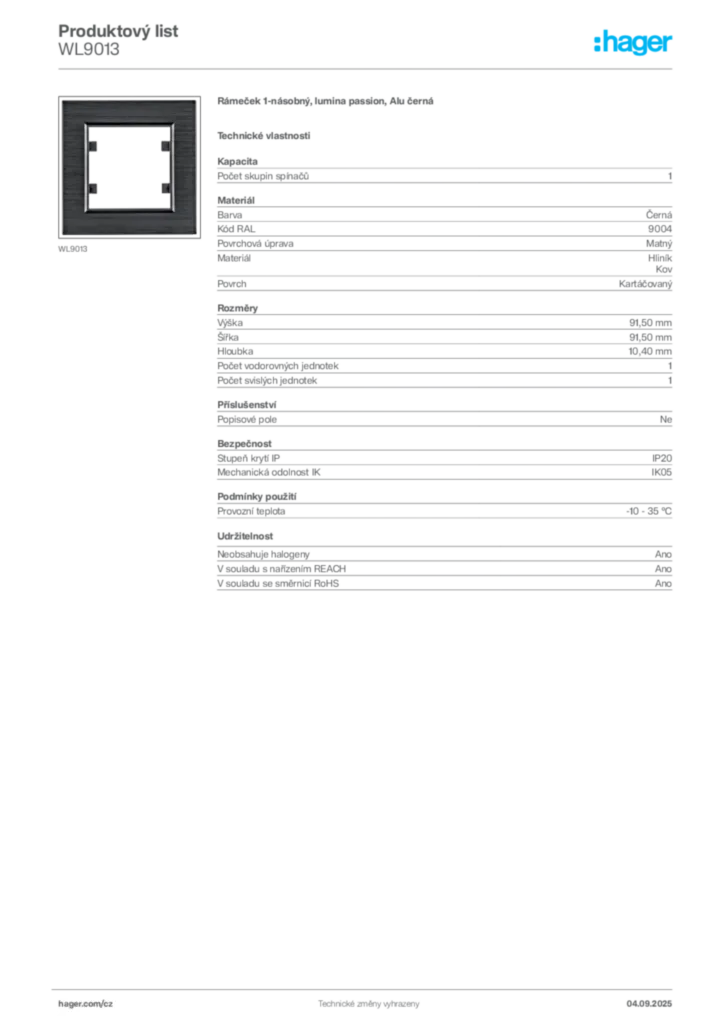 Obrázek Hager Produktový list WL9013 | Hager