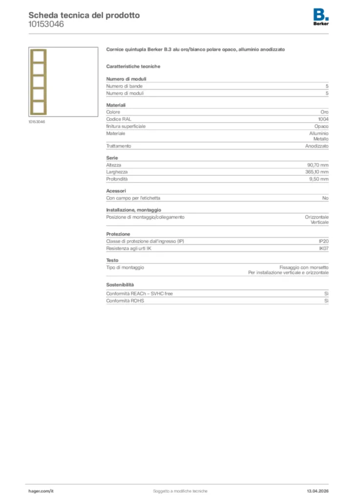 Immagine Berker Scheda tecnica del prodotto 10153046 | Hager Italia