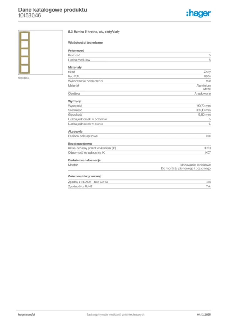 Zdjęcie Hager Karta katalogowa 10153046 | Hager Polska