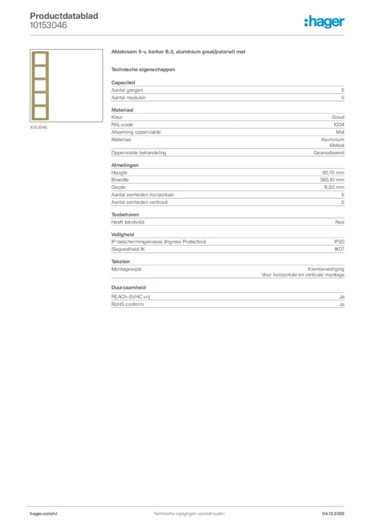 Afbeelding Hager Productdatablad 10153046 | Hager Nederland