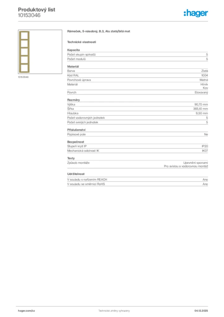 Obrázek Hager Product data sheet 10153046 | Hager