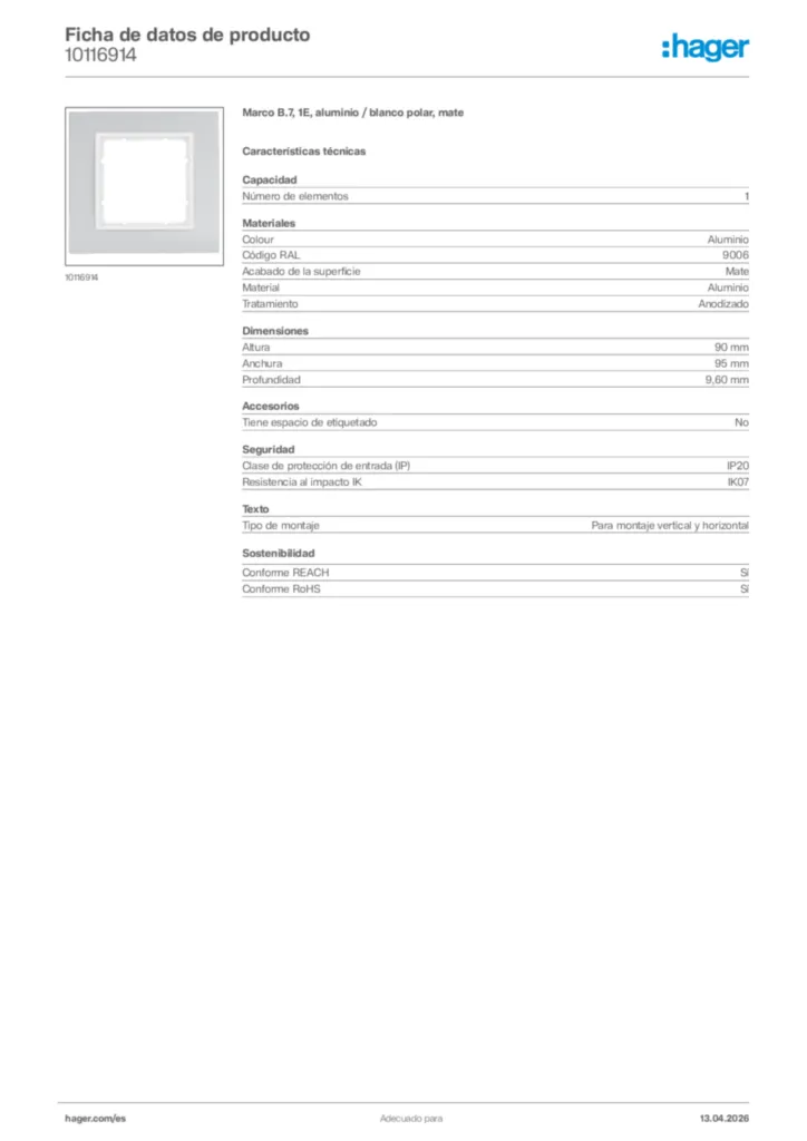 Imagen Hager Ficha de datos de producto 10116914 | Hager España