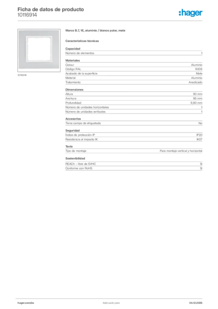 Imagen Hager Ficha de datos de producto 10116914 | Hager España