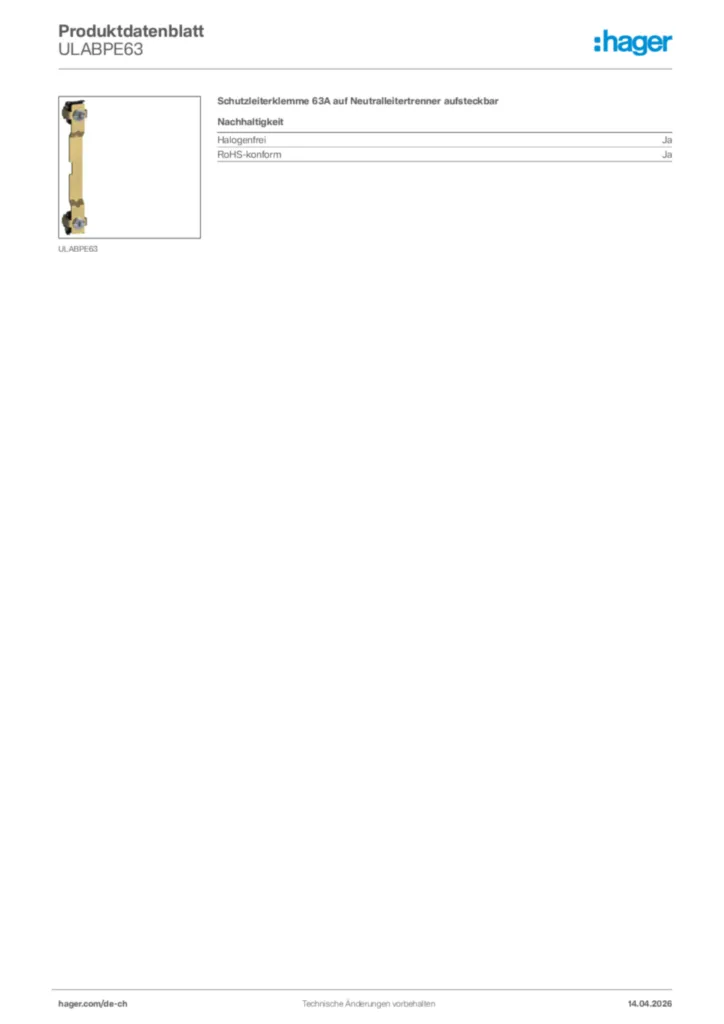 Bild Hager Produktdatenblatt ULABPE63 | Hager Schweiz