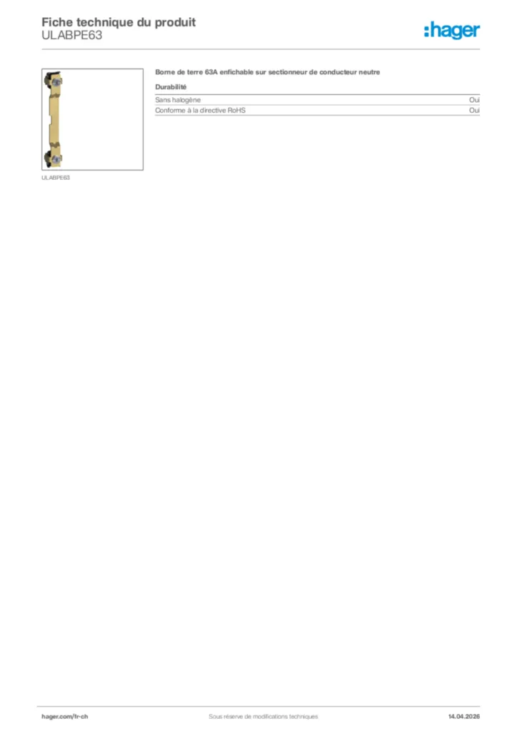 Image Hager Fiche technique du produit ULABPE63 | Hager Suisse