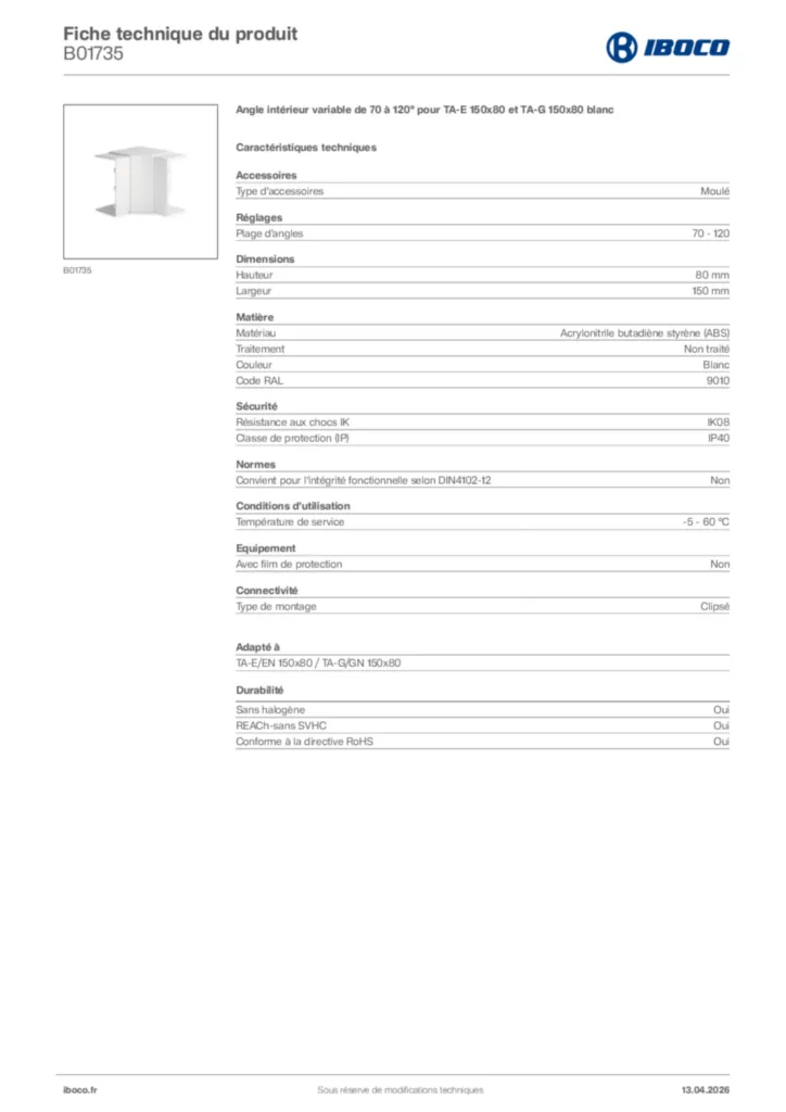 Image Iboco Fiche technique du produit B01735 | Hager France