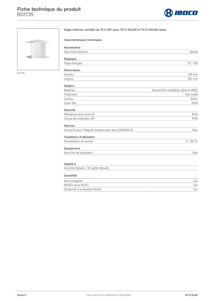 Image Iboco Fiche technique du produit B01735 | Hager France