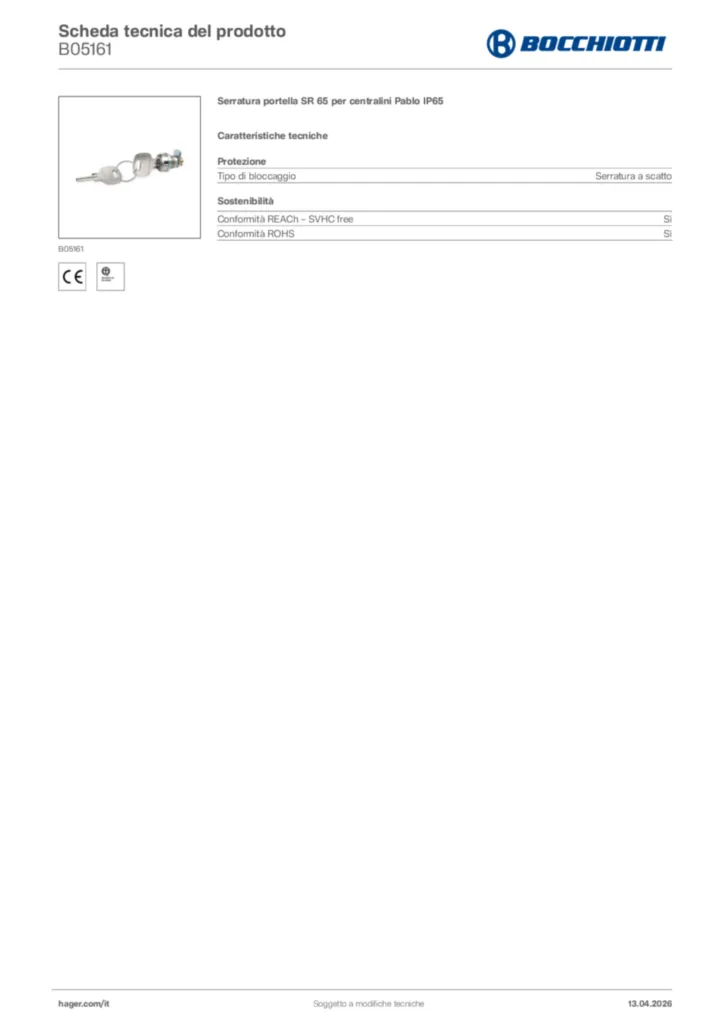 Immagine Bocchiotti Scheda tecnica del prodotto B05161 | Hager Italia