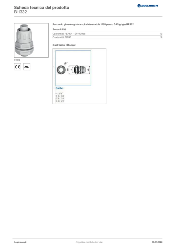 Immagine Bocchiotti Scheda tecnica del prodotto B11332 | Hager Italia