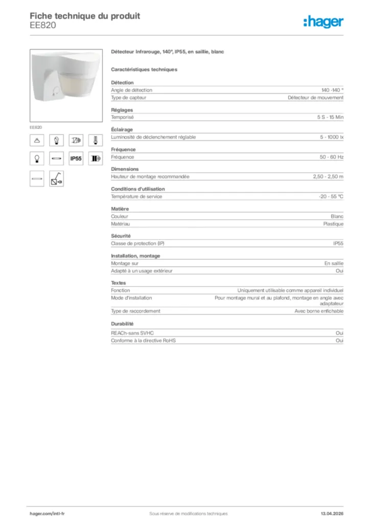 Image Hager Fiche technique du produit EE820 | Hager Afrique