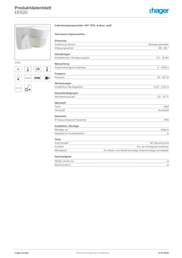 Bild Hager Produktdatenblatt EE820 | Hager Deutschland