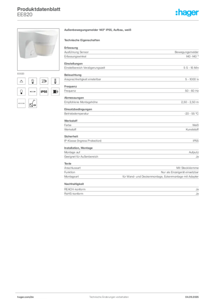 Bild Hager Produktdatenblatt EE820 | Hager Deutschland