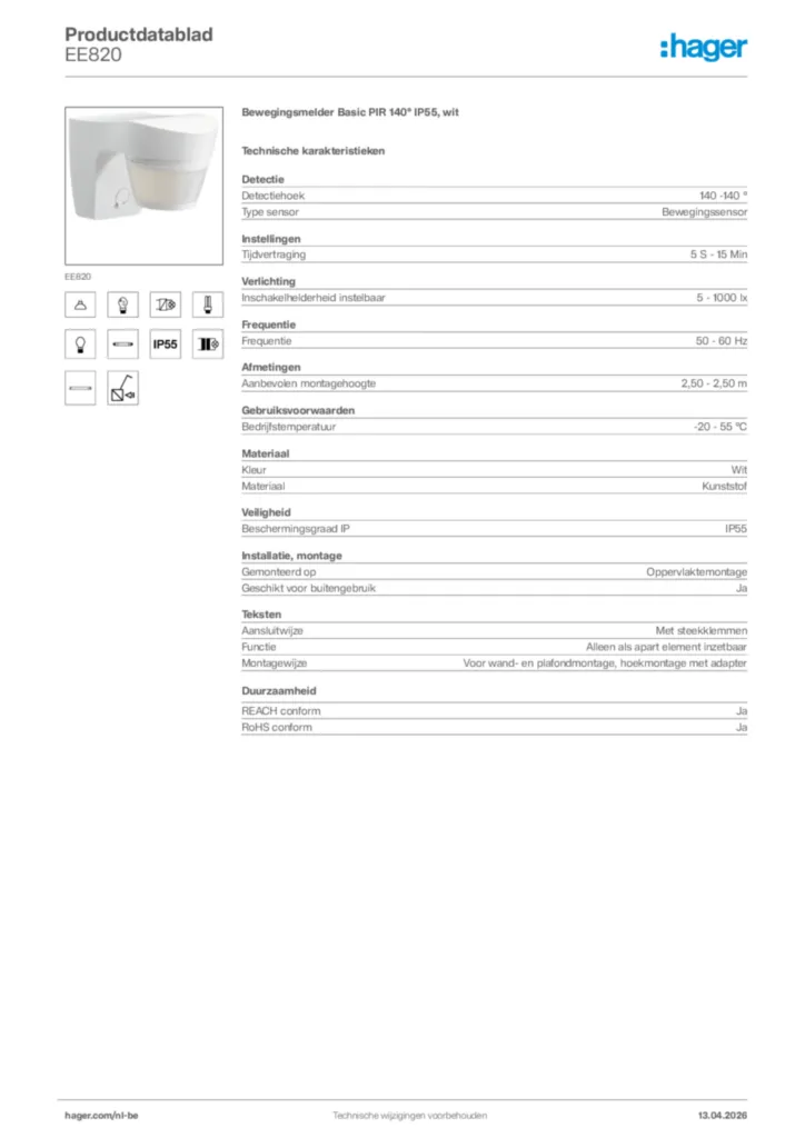 Afbeelding Hager Productdatablad EE820 | Hager Belgium
