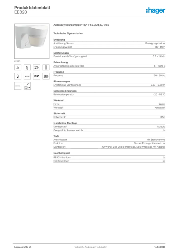 Bild Hager Produktdatenblatt EE820 | Hager Schweiz