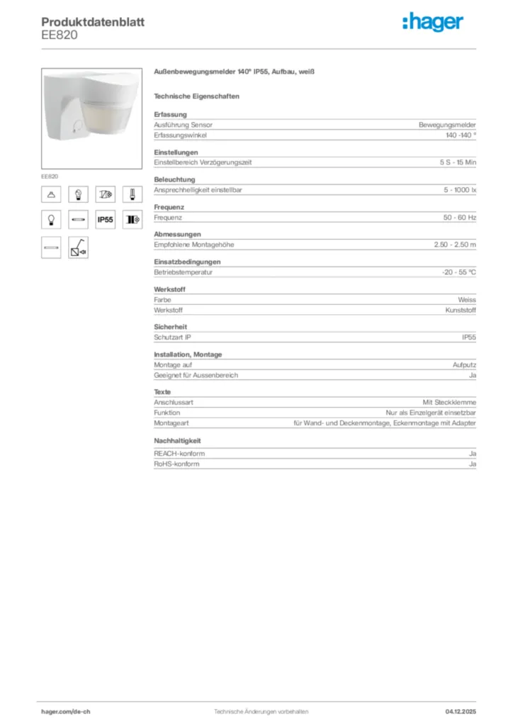 Bild Hager Produktdatenblatt EE820 | Hager Schweiz