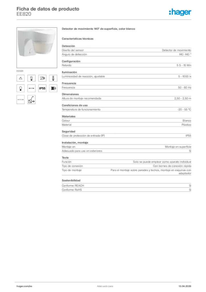 Imagen Hager Ficha de datos de producto EE820 | Hager España