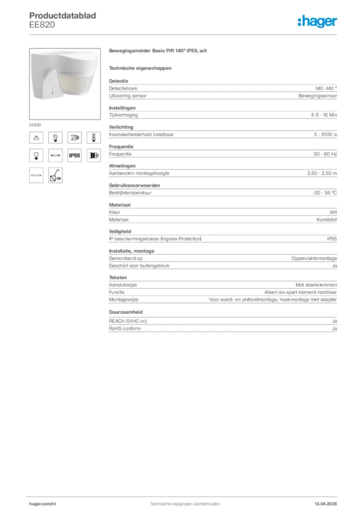 Afbeelding Hager Productdatablad EE820 | Hager Nederland