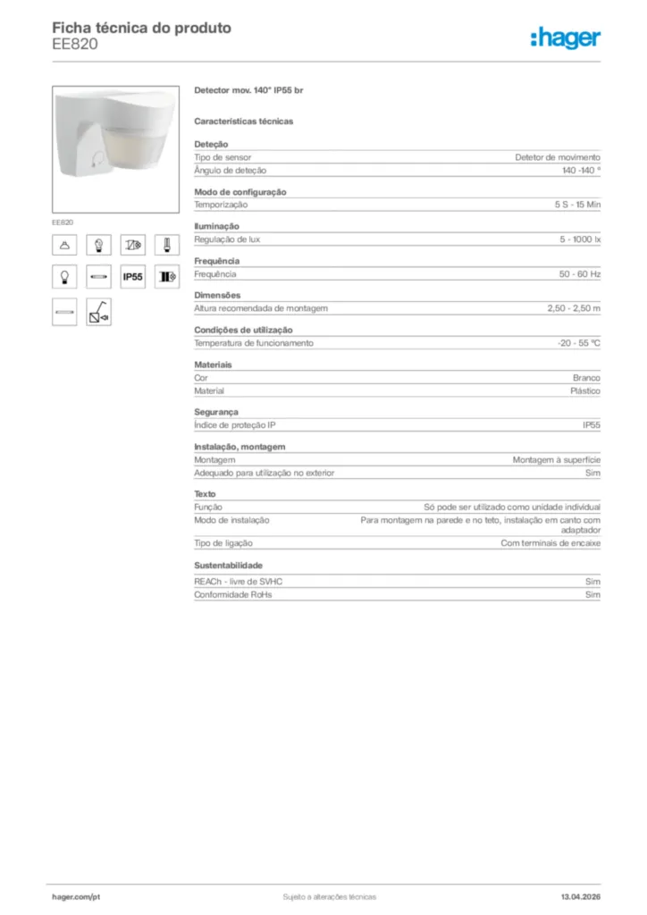 Imagem Hager Ficha técnica do produto EE820 | Hager Portugal