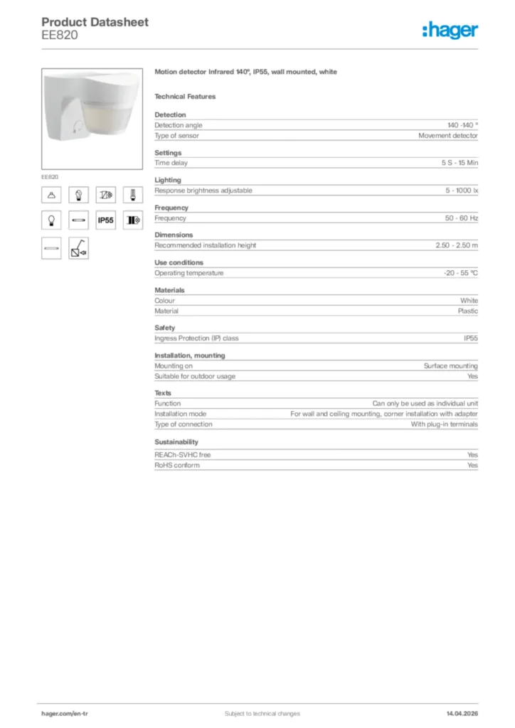 Image Hager Product data sheet EE820  | Hager