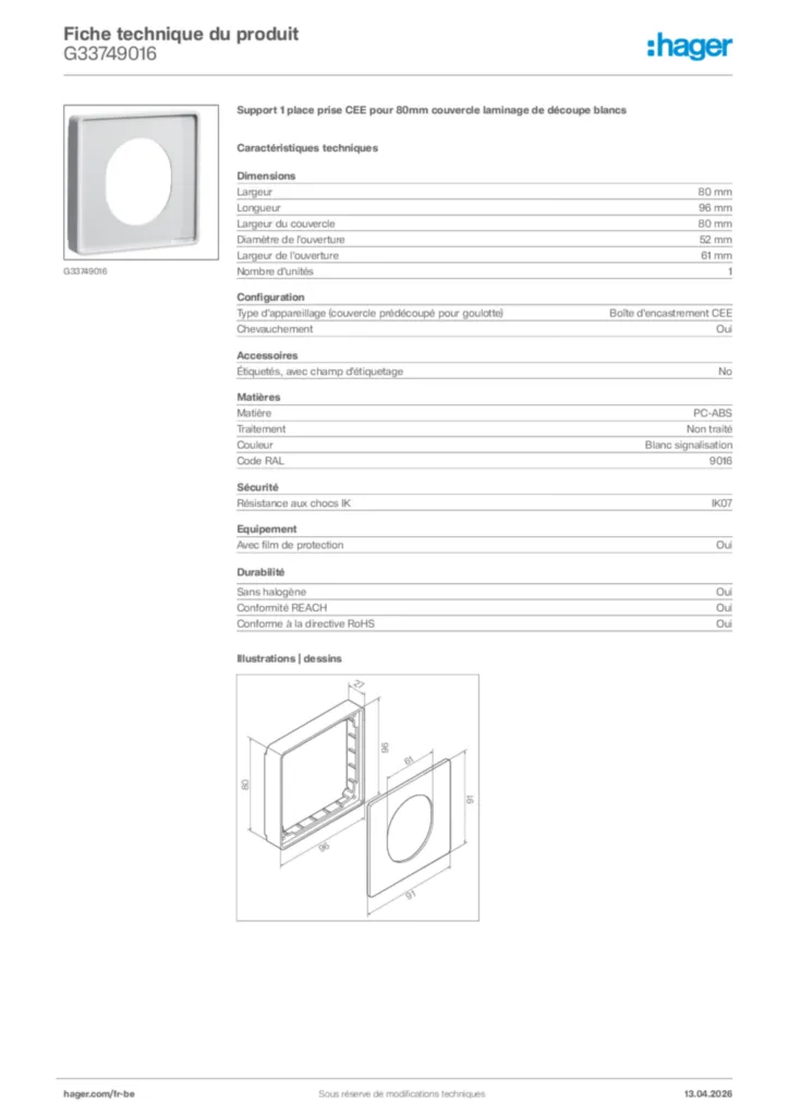 Image Hager Fiche technique du produit G33749016 | Hager Belgique