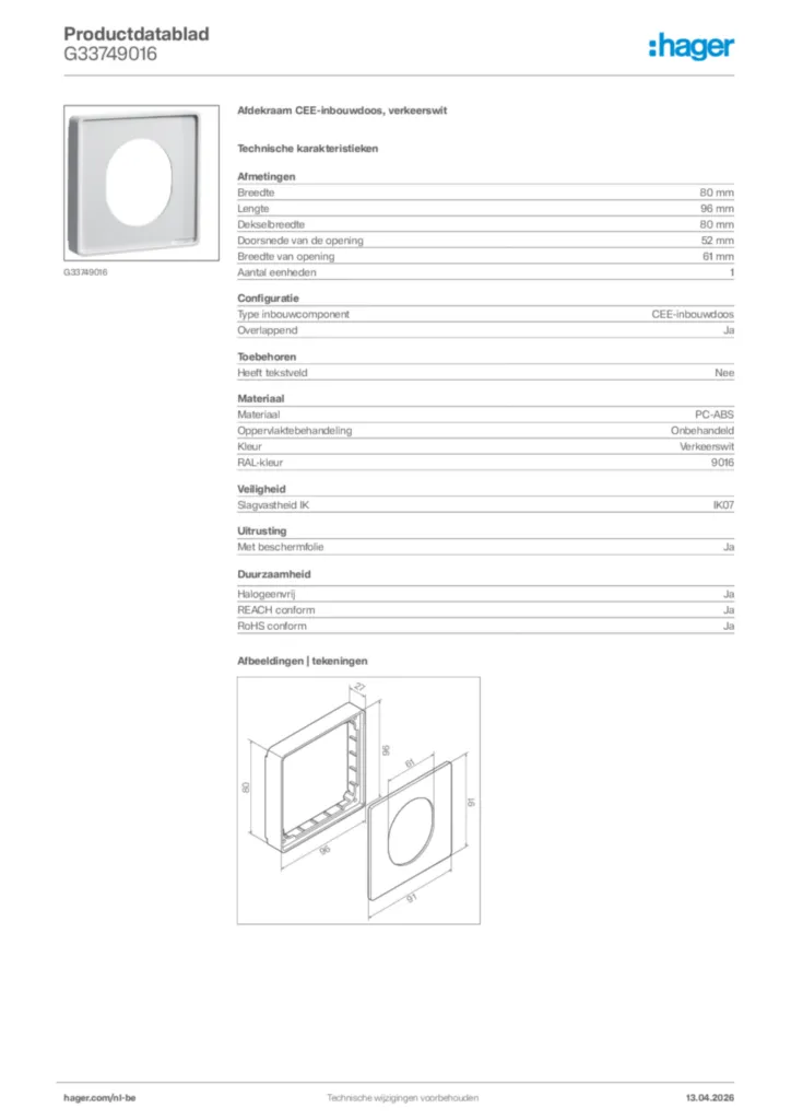 Afbeelding Hager Productdatablad G33749016 | Hager Belgium