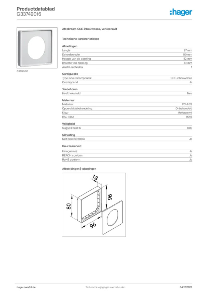 Afbeelding Hager Productdatablad G33749016 | Hager Belgium