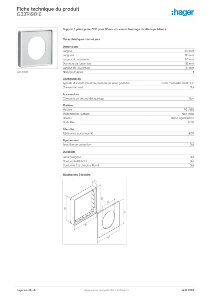 Image Hager Fiche technique du produit G33749016 | Hager Suisse