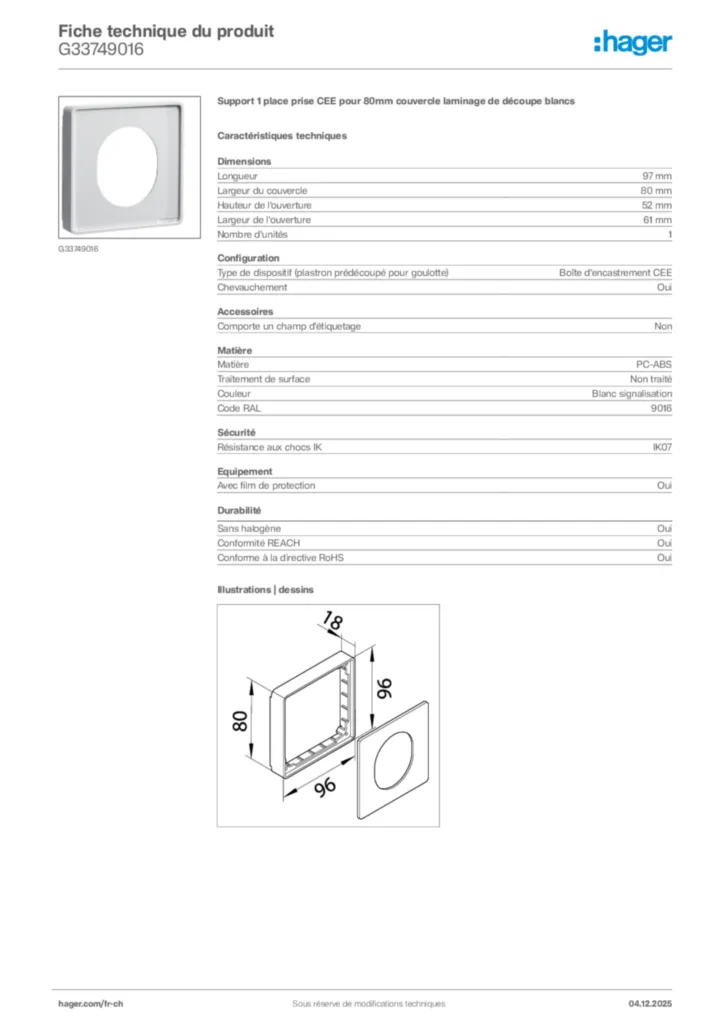 Image Hager Fiche technique du produit G33749016 | Hager Suisse