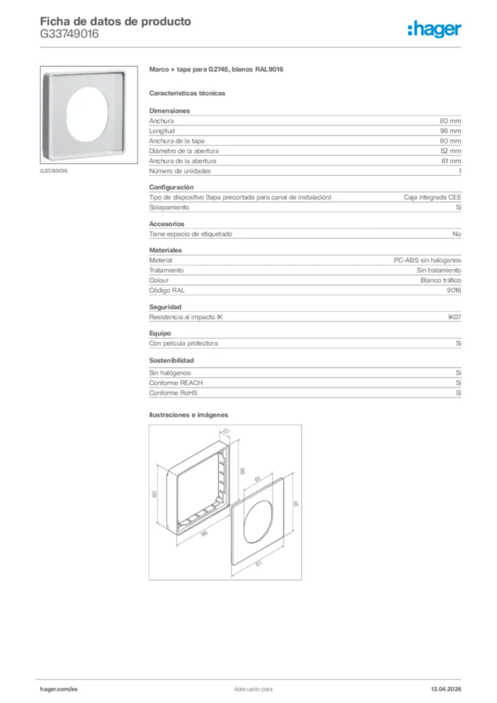 Imagen Hager Ficha de datos de producto G33749016 | Hager España