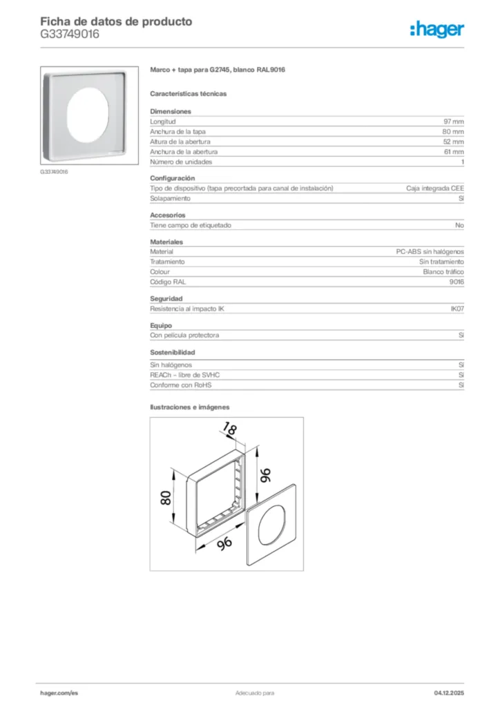 Imagen Hager Ficha de datos de producto G33749016 | Hager España