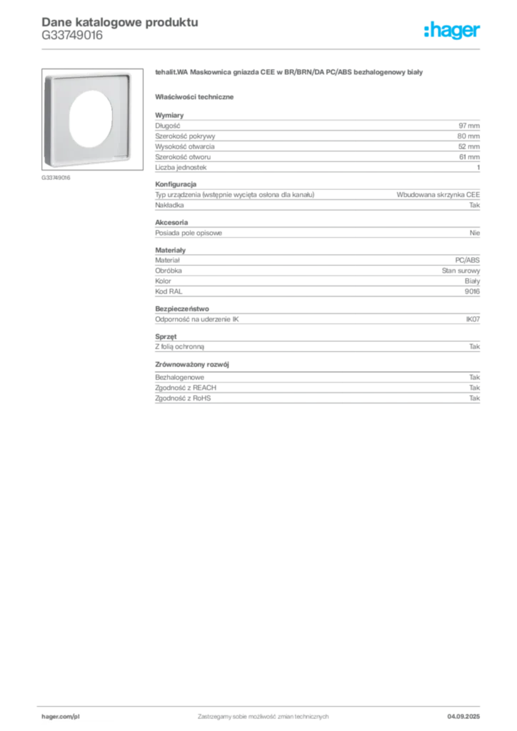 Zdjęcie Hager Dane katalogowe produktu G33749016 | Hager Polska