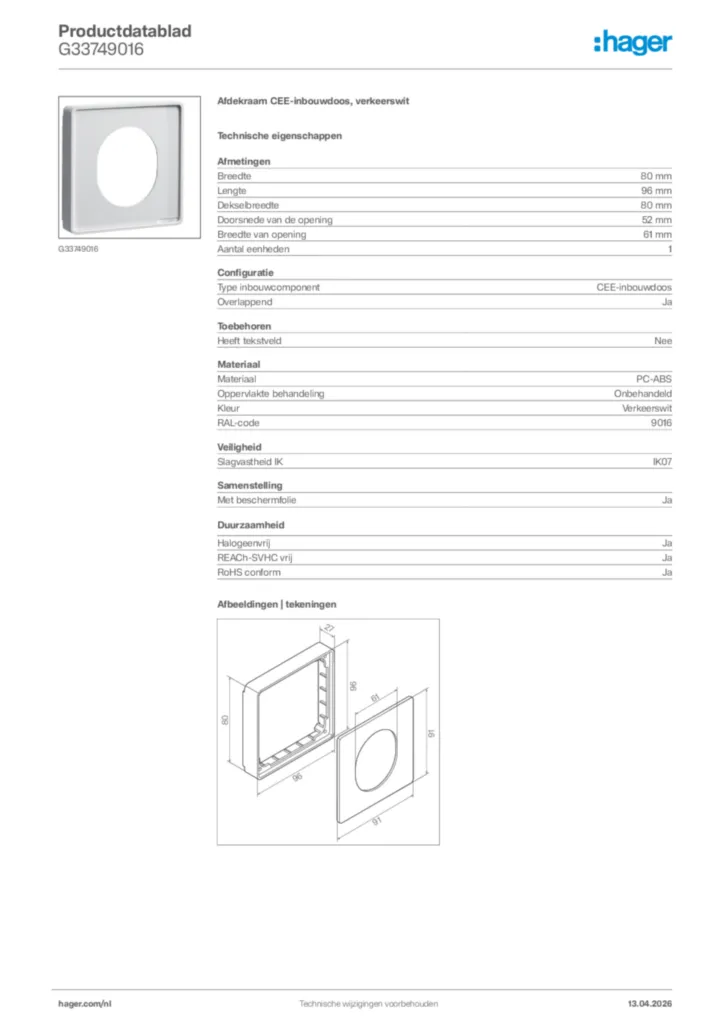 Afbeelding Hager Productdatablad G33749016 | Hager Nederland
