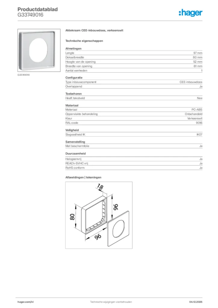 Afbeelding Hager Productdatablad G33749016 | Hager Nederland