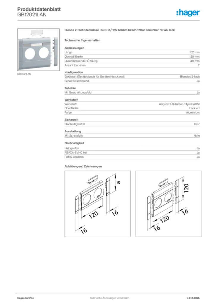 Bild Hager Produktdatenblatt GB12021LAN | Hager Deutschland