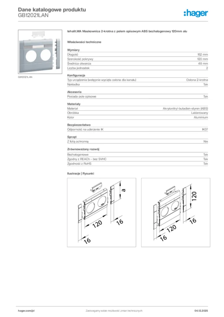 Zdjęcie Hager Dane katalogowe produktu GB12021LAN | Hager Polska