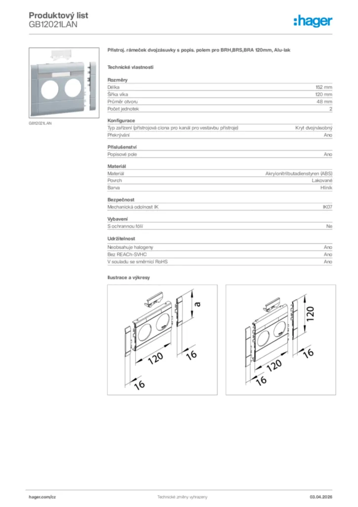 Obrázek Hager Product data sheet GB12021LAN | Hager
