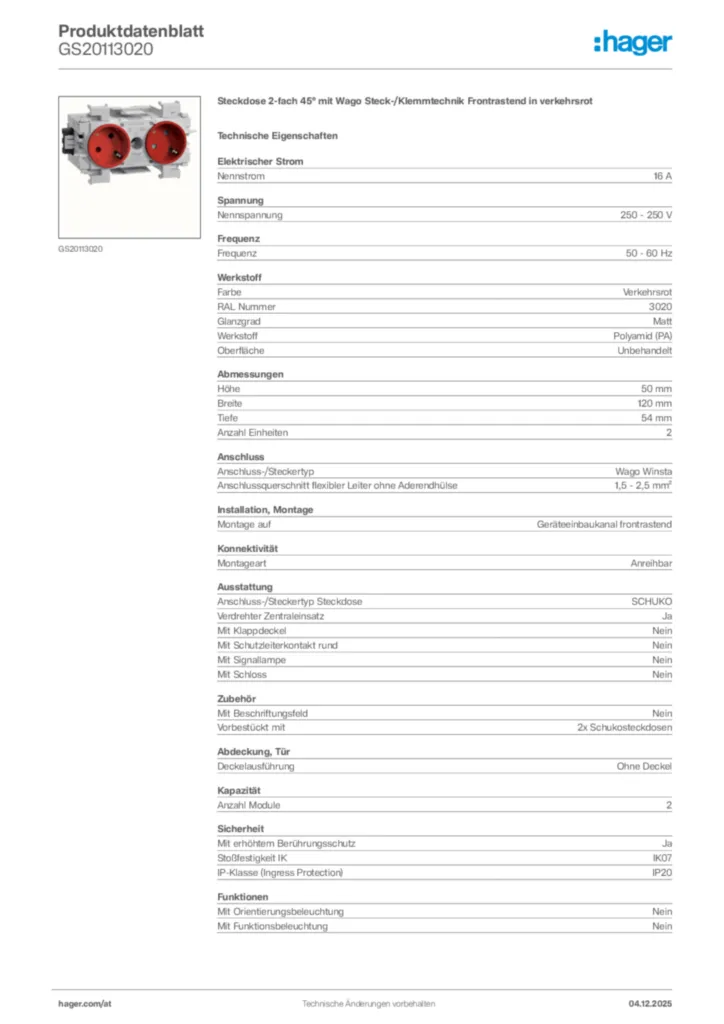 Bild Hager Produktdatenblatt GS20113020 | Hager Deutschland
