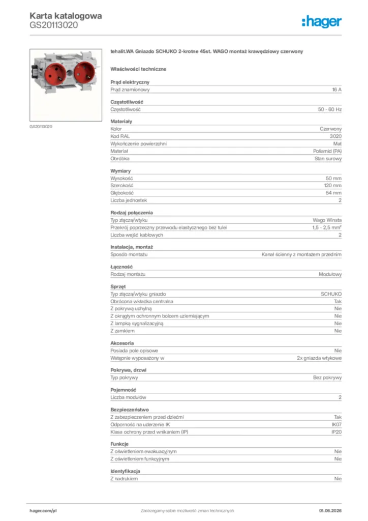 Zdjęcie Hager Karta katalogowa GS20113020 | Hager Polska