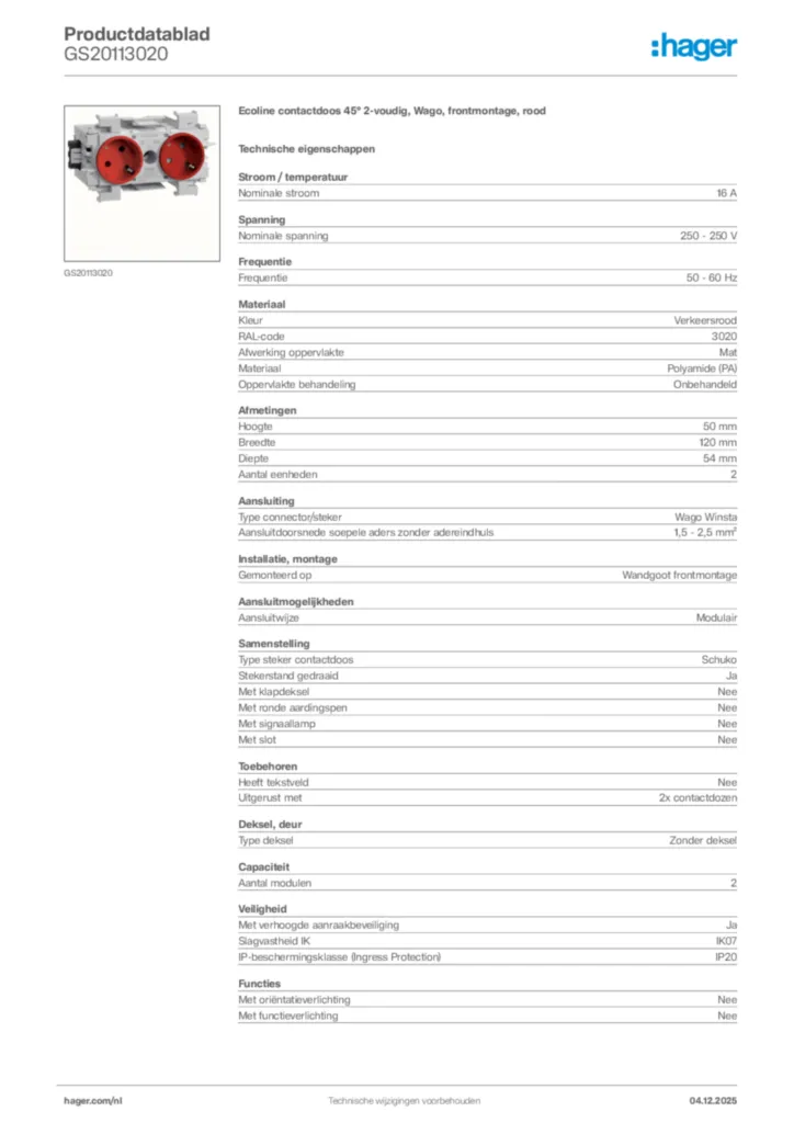 Afbeelding Hager Productdatablad GS20113020 | Hager Nederland