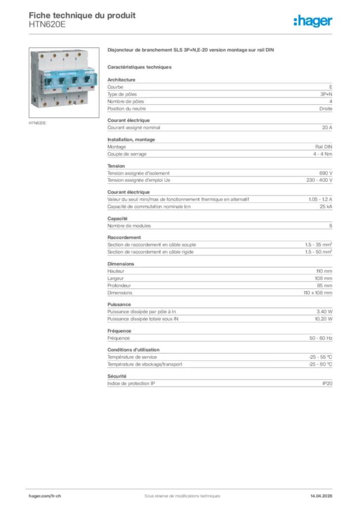 Image Hager Fiche technique du produit HTN620E | Hager Suisse