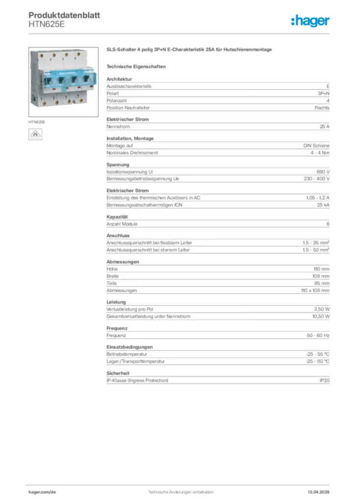 Bild Hager Produktdatenblatt HTN625E | Hager Deutschland