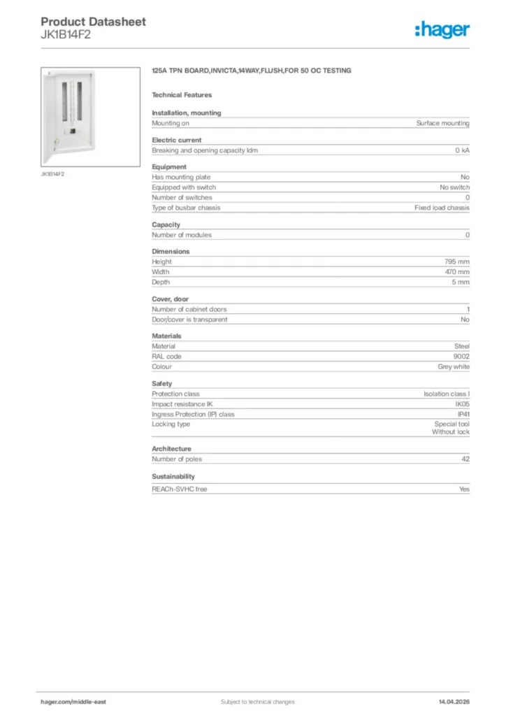 Image Hager Product data sheet JK1B14F2  | Hager