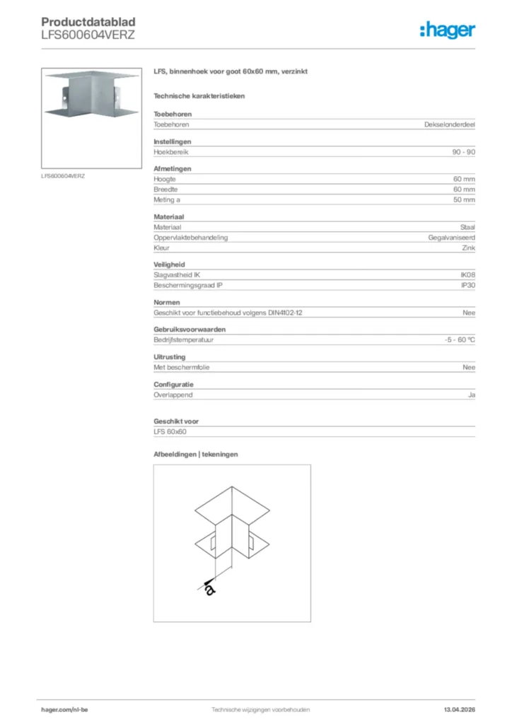 Afbeelding Hager Productdatablad LFS600604VERZ | Hager Belgium