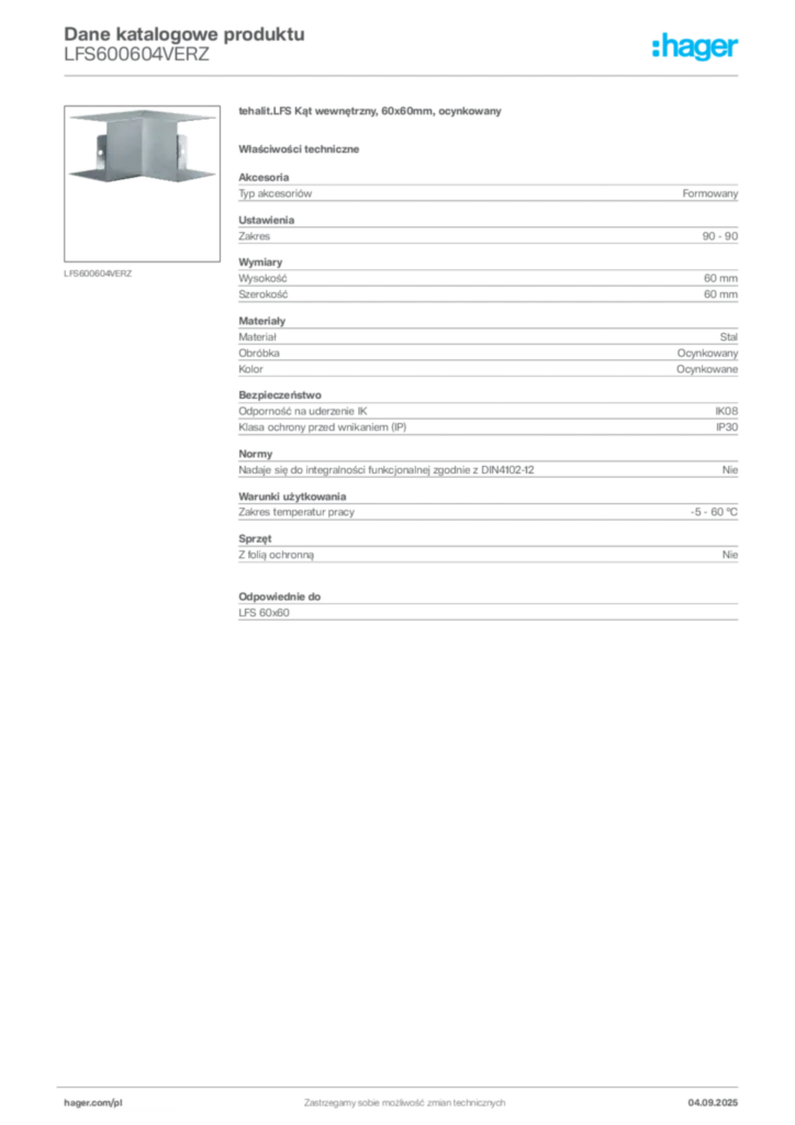 Zdjęcie Hager Dane katalogowe produktu LFS600604VERZ | Hager Polska