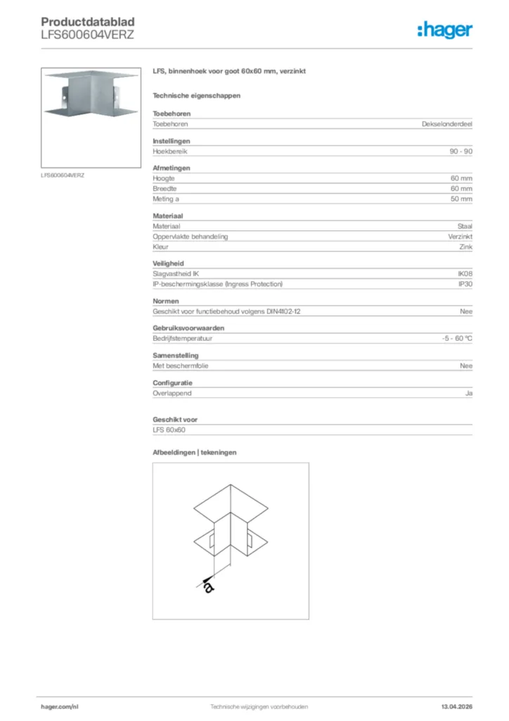 Afbeelding Hager Productdatablad LFS600604VERZ | Hager Nederland