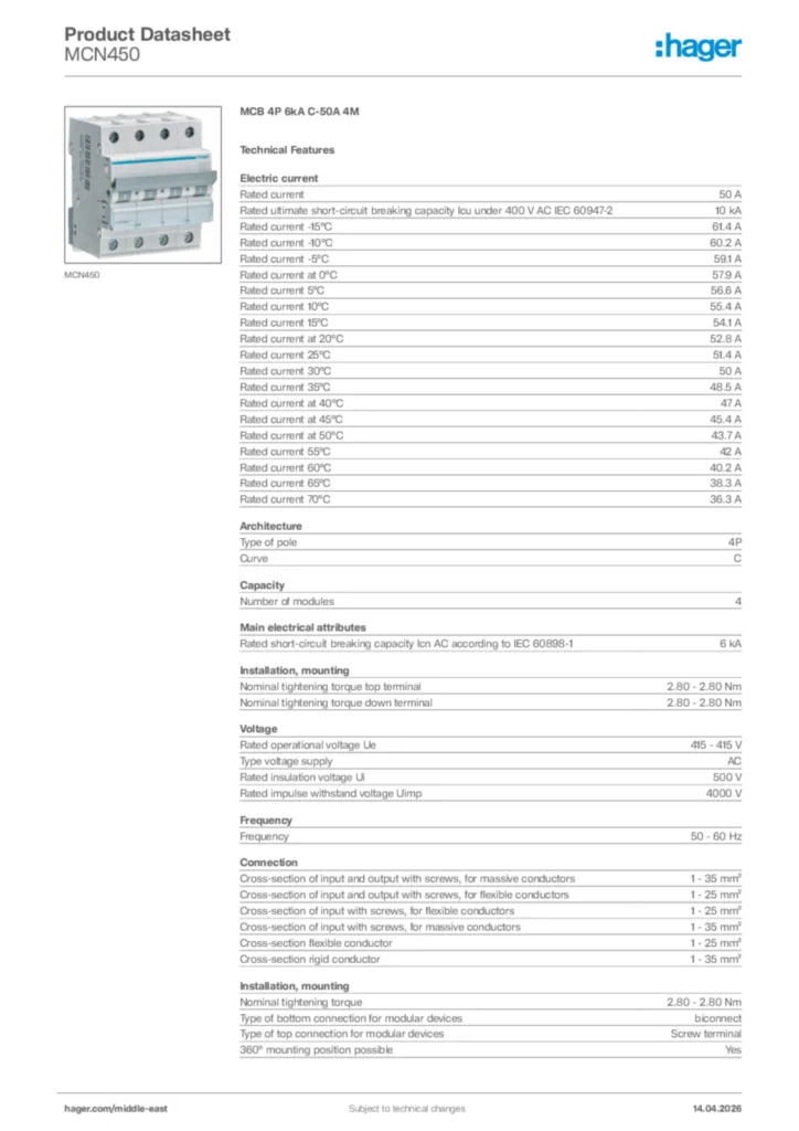 Image Hager Product data sheet MCN450  | Hager
