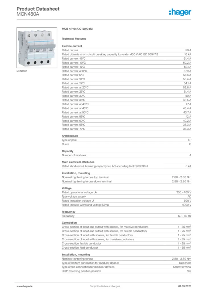 Image Hager Product data sheet MCN450A  | Hager