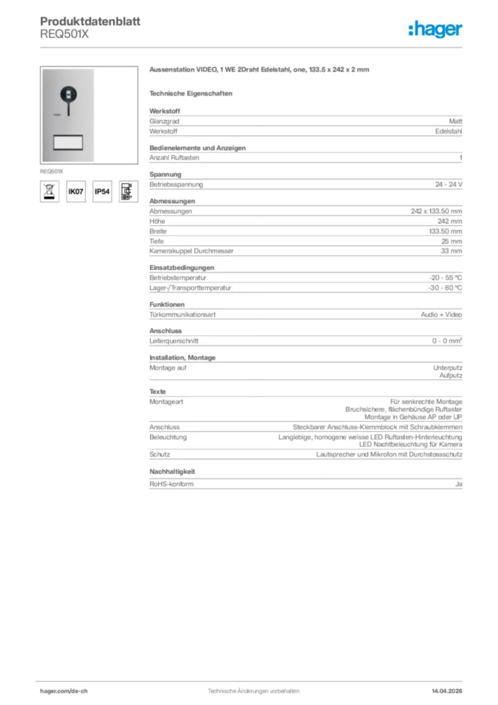 Bild Hager Produktdatenblatt REQ501X | Hager Schweiz