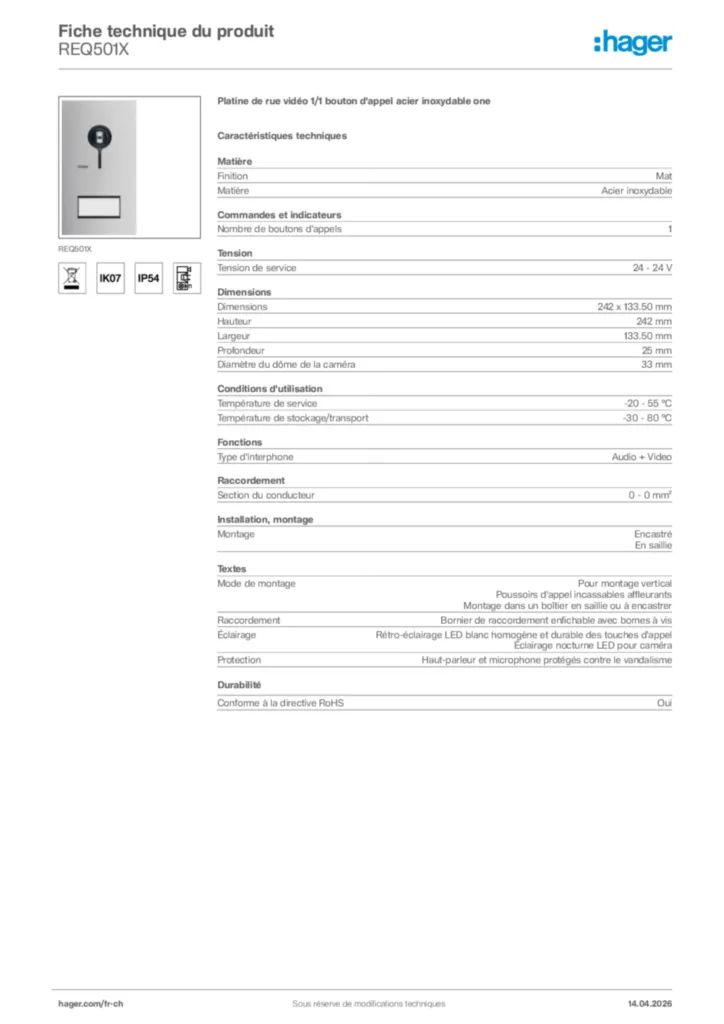 Image Hager Fiche technique du produit REQ501X | Hager Suisse